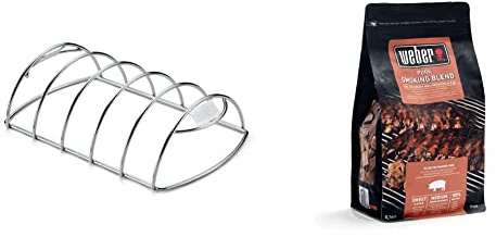 Weber 6605 - Supporto di Cottura per Costine, acciao & 17664 - Miscela Chips per affumicatura Carne di Maiale, 700g, Marrone
