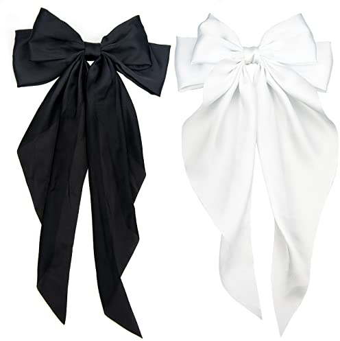 2 PCS Big Bow Hair Clips, White and Black Hair Bow French Bowknot Hairpin Hair Clip with Long Silky Satin Tail Large Hair Bows for Women Girls
