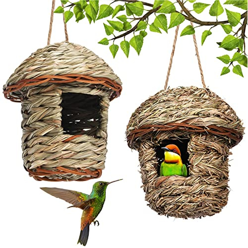 2 Piezas Nido de Pájaros, Nido Pajaros Exterior Colgante, Casa de Pajaros Exterior, Casa Pajaros para Herrerillos, Petirrojos, Gorriones, Pinzones Cebra y Otros Pájaros, 15x14CM