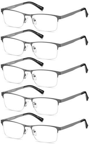 EYECEDAR 5-Pack Reading Glasses Men Metal Half Frame Spring Hinges Gunmetal Rectangular Style Eyeglasses Readers 2.00