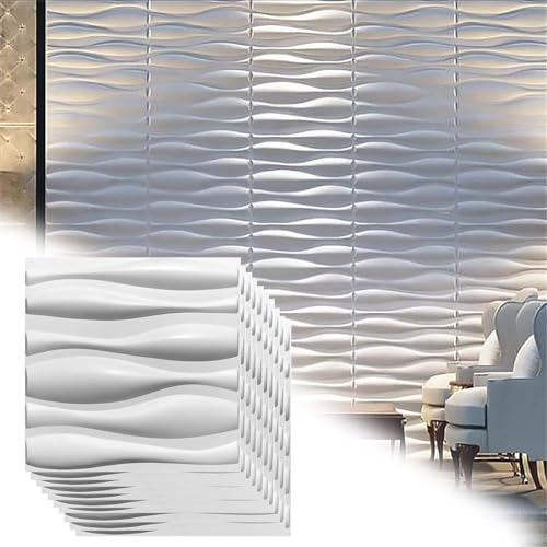 HAILM 12 Stück/Set Weiß 3D Wandpaneel, Deckenfliesen Tapete Hintergrund Aufkleber, Verkleidung Wasserdicht PVC, Überstreichbare Wandverkleidung, 19,6 x19,6 (32,3 Sq.Ft./Box)