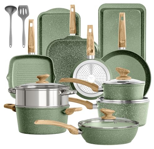 Kitchen Academy 17 Piece Non-Stick Pots and Pans Set, Induction Pan Set, Granite Non-Stick Saucepan Set, Green