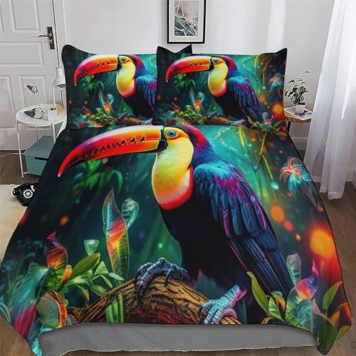 PAZZK Tukane Bettwäsche Premium Atmungsaktive Angenehme Baumwolle Bettbezüge, Mit Reißverschluss Bettdeckenbezug, 3teilig Bettbezug + Kissenbezug King (220x240cm)