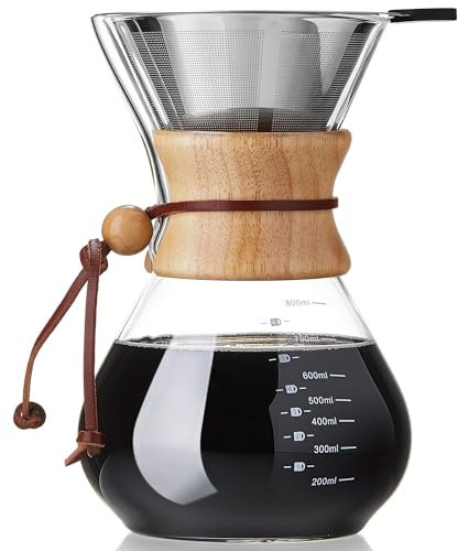 MESNEY Pour Over Coffee Maker, 800 ml Coffee Maker with Stainless Steel Filter, Heat-Resistant Borosilicate Glass, Stovetop Safe, Reusable Cooffe Filter