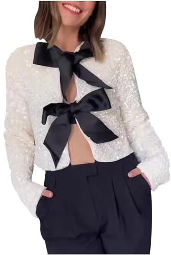 Sparkly Tops for Women UK Sequin Velour Long Sleeve T Shirt Gliitter Bow Tie Front Tunic Shirt Reversible Shinning Pullover Womens Spring Blouses Loose Elegant Undershirt Party Wear