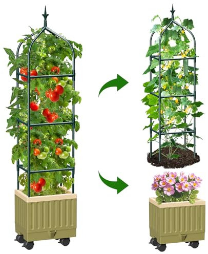 MQJIAZHI Fioriera rialzata da giardino con traliccio, 180 cm, auto-irrigante, con ruote, per rampicanti verdure e fiori, fioriere per pomodori per interni ed esterni patio