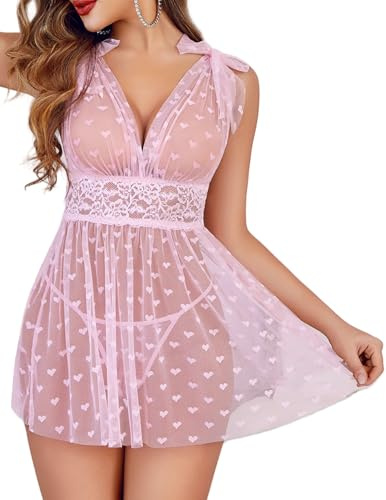 Avidlove Babydoll Lingerie for Women Sexy Lace Chemise Adjustable Straps Sleepwear Sexy Boudoir Outifts Pink Large