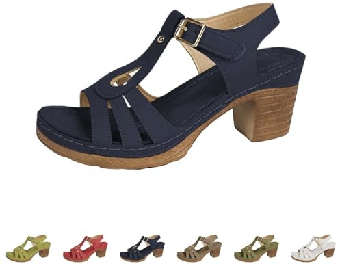 Damsandaletter med kilklack – sandaletter, häl, sandaletter, mjuka lädertofflor, platå, sommarskor, andningsbara, fritidsskor, justerbart spänne, tofflor, halkfria damsandaler, blå, 43 EU