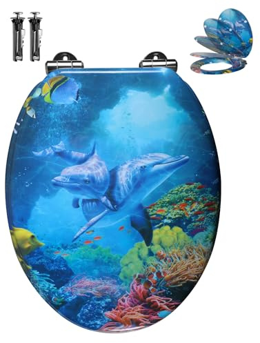 Angel Shield Soft Close Toilet Seat with Adjustable Metal Hinges, Easy Install and Clean, O-Shaped, 45x37cm Wooden Toilet Seats Fits Never Slips for Bathroom (Ocean Dolphin Family)