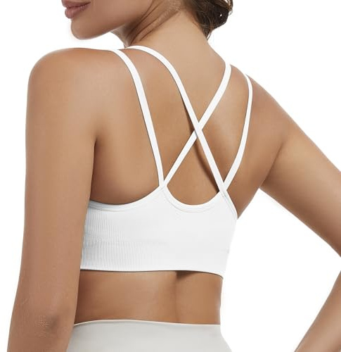 Nabawa Strappy Sports Bras for Women Crisscross Back Medium Support Yoga Bra Unpadded Gym Workout Fitness Crop Top,White M