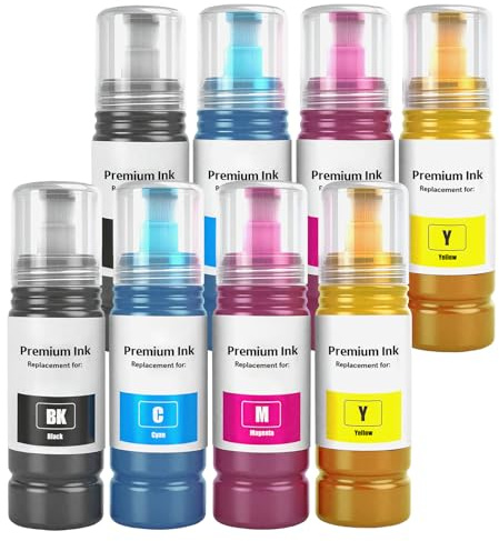 E104 Botellas de Tinta Compatibles Multipack para ET-2710 2711 2712 2714 2715 2720 2721 2726 ET-2810 2811 2812 2814 2815 2820 2821 ET-4800 Impresoras (8 Pack, 2 Negro, 2 Cian, 2 Magenta, 2 Amarillo)
