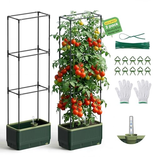 MQUPIN Raised Garden Bed Planter Box, Self Watering Tomato Planter with Water Level Indicator, Garden Tomato Cage for Indoor & Outdoor Climbing Vegetables, Plants & Flowers (2)