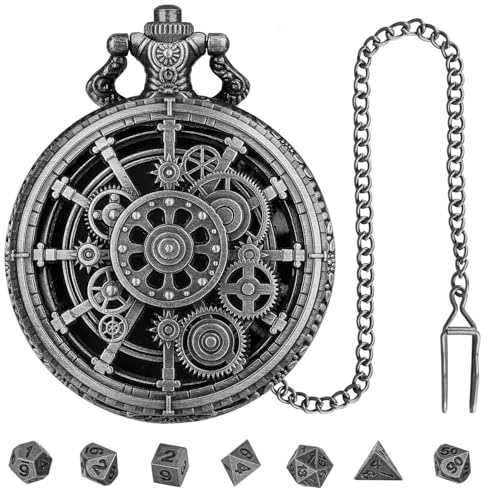Cubi per orologio da taschino, set di dadi poliedrici in lega di metallo, stile vintage, custodia per orologio da taschino retrò, gioco classico per feste in famiglia, giochi di ruolo da tavolo per