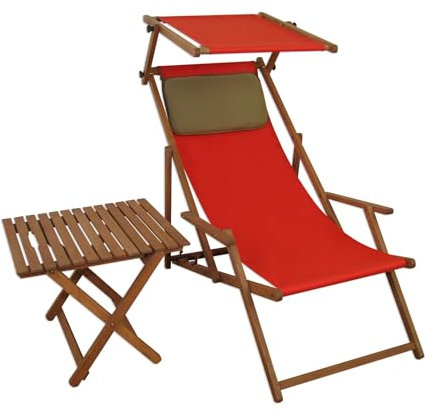 Sedia a Sdraio Rossa in Faggio con braccioli Parasole tavolino Cuscino Scuro 10-308STKD