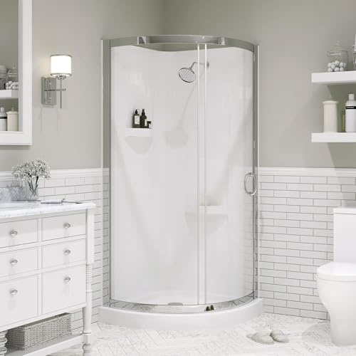 Miseno MSD3478KIT Breeze 35 in. L x 35 in. W x 77 in. H Round Corner Shower Kit With Sliding Door, Acrylic Wall and Shower Base Pan - Chrome/Frosted