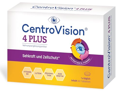 CentroVision 4 PLUS - Nahrungsergänzung für die Augengesundheit, patentierte Formel mit Superoxid-Dismutase und hochwertigem, natürlichem Lutein und Zeaxanthin, laktose- und glutenfrei, 60 St.