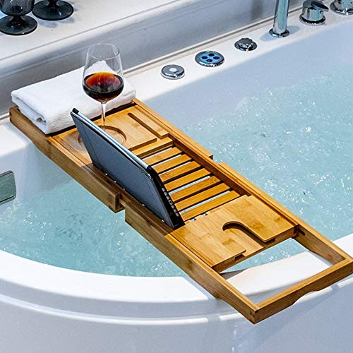 Planche de Baignoire avec boîte à Serviettes, Plateau de Bain Extensible, Plateau Baignoire Bambou avec Emplacement pour Tablette, Accessoires de Salle de Bain. (Couleur Bois)