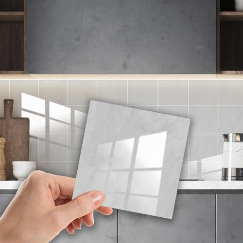 WALPLUS Marble Tile Stickers Glossy Waterproof Oil Proof Removable Stick on Wall Backsplash DIY PVC for Bathroom Kitchen Home Decor Light Grey 24 pcs 15cm(6)