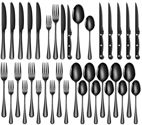 TAN REN Besteck Set Schwarz 6 Personen, 36-Teiliges Edelstahl Besteckset Schwarz mit Steakmesser, Elegantes Essbesteck mit Messer Gabel Löffel, Tafelbesteck für Küche/Restaurant