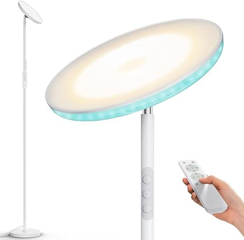 Torkase Lampe LED, 42W/3700LM Lumineuse, 2700K-6500K Dimmable avec Télécommande et Contrôle Tactile, Minuterie, Haut Lampe sur Pied pour Salon, Chambre et Bureau, Blanc