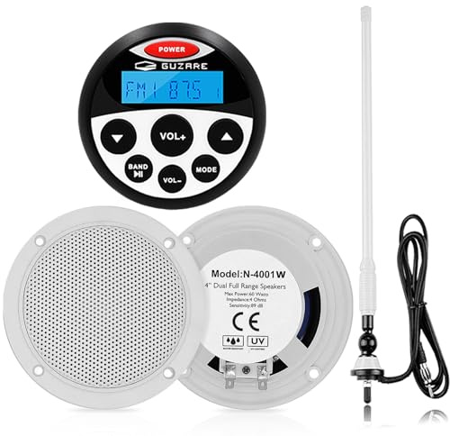 Marine Wateroroof Audio Package Marine Bluetooth Stereo Radio System - Waterproof FM Radio Stereo ATV UTV Heavy Duty Power Sports Head Unit with White Marine Speaker and Antennas