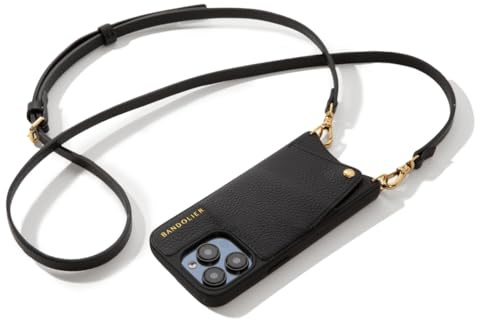 Bandolier Emma - Funda Tipo Cartera para iPhone 16 Pro MAX. 100% Piel auténtica de guijarros. Correa Cruzada Ajustable y extraíble. Tarjetero con Cierre a presión. Negro con herrajes Dorados
