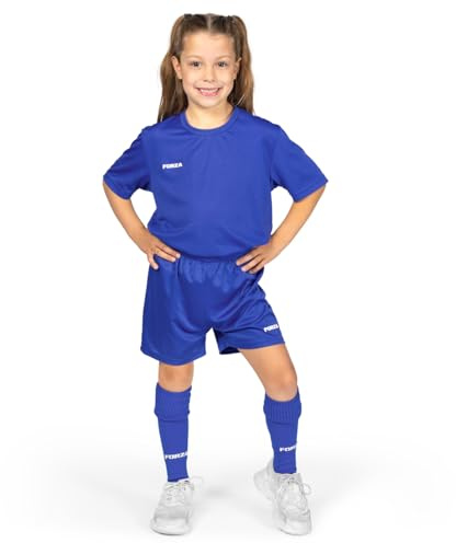FORZA Barn klassisk kortärmad fotbollssats | komplett fotbollsset med skjorta, shorts och strumpor - pojkar & flickor kläder, Kungsblå, 9-10 år
