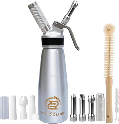 Whipped Cream Dispenser, 500 ml Aluminum Whipped Cream Maker with 6 Decorating Nozzles & 2 Cleaning Brushes, Professional Heavy Duty Cream Charger Dispenser for Cake Cheese Dessert