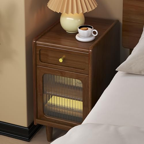 Mesita de noche de cristal vintage con diseño retro fino para dormitorio, sala de estar, cocina, sofá, mesa auxiliar con estante para comedor u oficina, acabado de madera natural