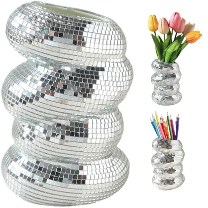 Pasdrucn Vaso da fiori in vetro argentato a specchio, sfera da discoteca, decorazione a forma di sfera da discoteca