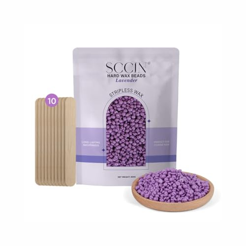 SCCIN Hair Removal Wax Beads 800g & 10 Wooden Spatulas. Stripless Hard Wax for Face, Bikini, Brazilian, Painless Thick Hair Wax Formula (Lavender)