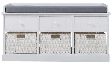 Warmiehomy Storage Bench with 3 Drawers & 3 Wicker Baskets, W100 D30 H50cm Full Assembled Storage Cabinet, Shoe Storage Hallway Bench with Cushion Bedroom Living Room, White