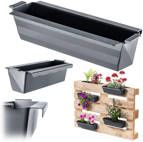 KADAX Lot de 10 jardinières pour palettes avec système de suspension, 37 x 9 cm, anthracite, à planter et décorer, comme jardinière de balcon, bac à fleurs pour palette européenne, insert de pot de