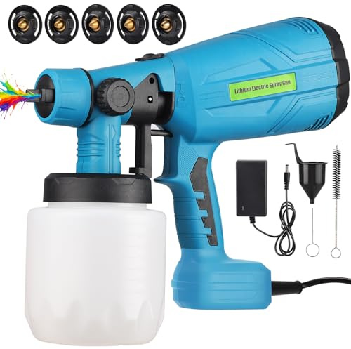 Securex Pistolet à Peinture Électrique Filaire 600W, Pulvérisateur Haute Précision 1000ml, 5 Buses Interchangeables, Débit Réglable, Refroidissement Rapide, Jet Uniforme pour Murs, Meubles, Bleu