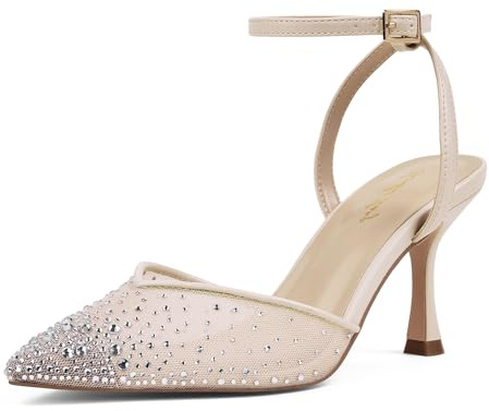 Zhabtuc Damen Klackar 8 cm Strass Pumps Spets-Stift Mesh Glitter Band Ankel Slingback Kattunge Hälsa Kvällsskor Bröllop Brud