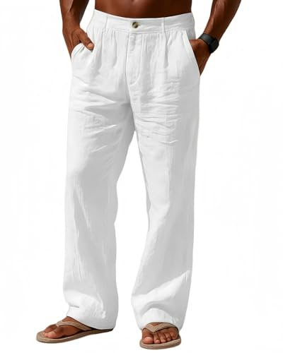 Casuayaloo Men's Linen Trousers Lightweight Summer Beach Pants Loose Fit Elastic Waist Zipper Trouser