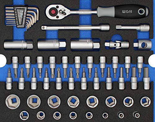 3/8 Steckschlüsselsatz 55 teilig mit Ratsche, Stecknüssen und Kardan Gelenk | Schaumstoffeinlage Werkzeug für Werkzeugkoffer & Werkstattwagen | WGB Modul 6430