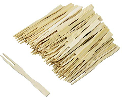 BetterJonny - Confezione da 300 forchette usa e getta in bambù, a due rebbi, con estremità smussata, mini forchette da degustazione per cocktail, frutta, cibo, per feste, banchetti, buffet, catering e