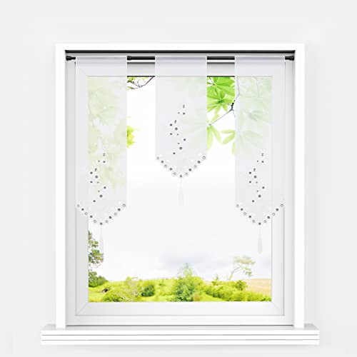 HeichkelL 3-teilige Scheibengardinen Set Voile Kurzstores mit Stickerei und Quaste Panneaux Bistrogardine Küche Lamellen Gardinen Grau BxH 20x50cm*1 + 20x70cm*2