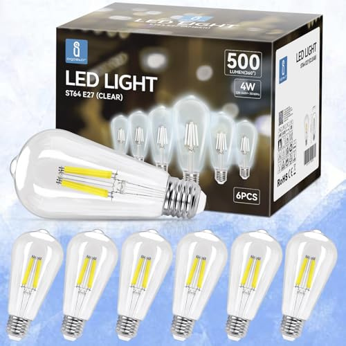 Aigostar E27 Filament LED Lampe 4W (Ersetzt 40W),Kaltweiß 6500K,470 Lumen,ST64 LED Leuchtmittel,Nicht Dimmbar-6 Stück