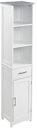 kleankin Armario de Baño con 1 Cajón 1 Puerta 3 Estantes Abiertos y Balda Interior Ajustable Mueble Auxiliar de Almacenaje para Salón Aseo Dormitorio 34x30x163 cm Blanco
