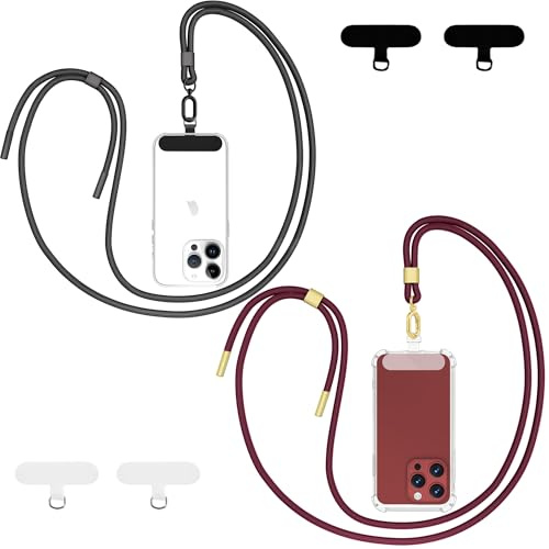 Qyoocom Universal justerbar mobiltelefonrep, 2 x mobilhänge och 4 x lapp, snodd mobiltelefonrem kompatibel med de flesta snygga och funktionella telefonfodral, svart och rött