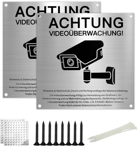 2Stk Schild Videoüberwachung,Achtung Videoüberwachung Schild,15x15cm Aluminium mit DSGVO Hinweis,mit Selbstklebend 4 Bohrlöcher,8 Schrauben,8 Kabelbinder,für Überwachungskamera Oder Kamera Attrappe