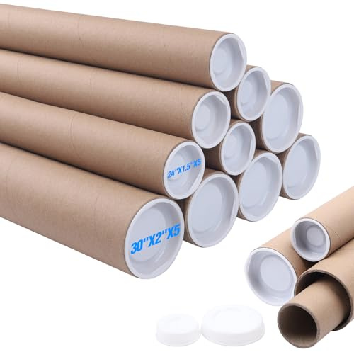 aromeili Mailing Tubes with Caps, 5 Pack 2x30-Inch + 5 Pack 1.5x24-Inch Kraft Paper Poster Tube for Shipping, Packing, Bulk Round Packaging, Cardboard Mailers, Art Prints, Maps, Blueprint