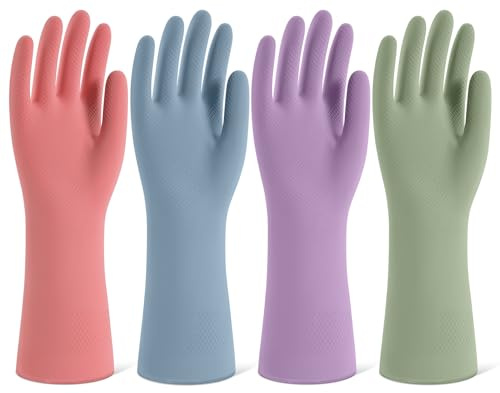 Rubber Cleaning Gloves for Dishwashing, 4 Pairs Reusable Kitchen Gloves for Washing Dishes and Household Cleaning, Colorful Dish Gloves with Flocked Lining and Non-Slip Grip, Pefect for Woman Men - S