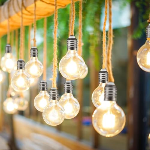 BEPER P207ILO500 Catena luminosa a LED per esterno solare giardino, 10 lampadine led, cavo in corda, vintage, sensore di luce integrato, 3,7 metri