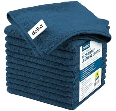 delka Microfibre Cleaning Cloths –Multi-Purpose, Ultra Soft & Lint-Free –Reusable, Streak-Free for Kitchen, Car, Glass, Windows & Electronics (Blue,12 Pack)