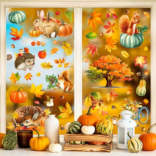 Fönsterbilder höst, pumpa fönsterklistermärken, skördefest, ekorre fönsterbilder, tryckta höstdekorationer, fönsterklistermärken, anti-kollision för Thanksgiving, höstdekoration