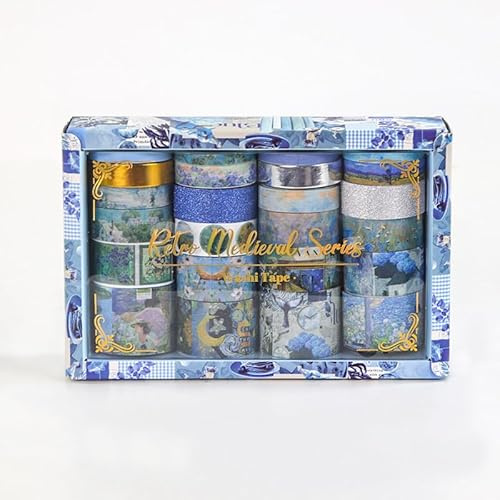 MSLSOZ Set de cintas washi 24 cintas decorativas vintage con diseños únicos, 5 tamaños (1 hoja de oro y 1 de plata) – ideales para scrapbooking, journaling, manualidades y regalos (Blue)
