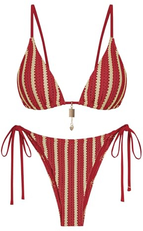 ZAFUL Red Crochet Tie Bikini Sets for Women Cheeky Two Piece Tropical Sexy Bathing Suits Striped Brazilian High Cut Knit Swimsuit for Vacation Resort Wear M
